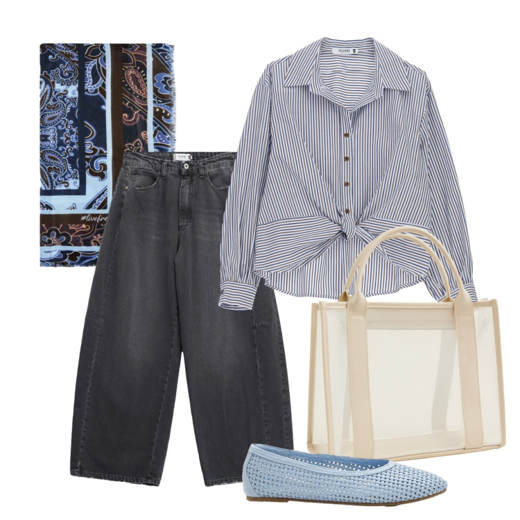 Outfit donna - Marzo. Stile Casual chic per Tutti i giorni. Abbinamento con ballerine, borse tote, foulard, jeans, camicie.