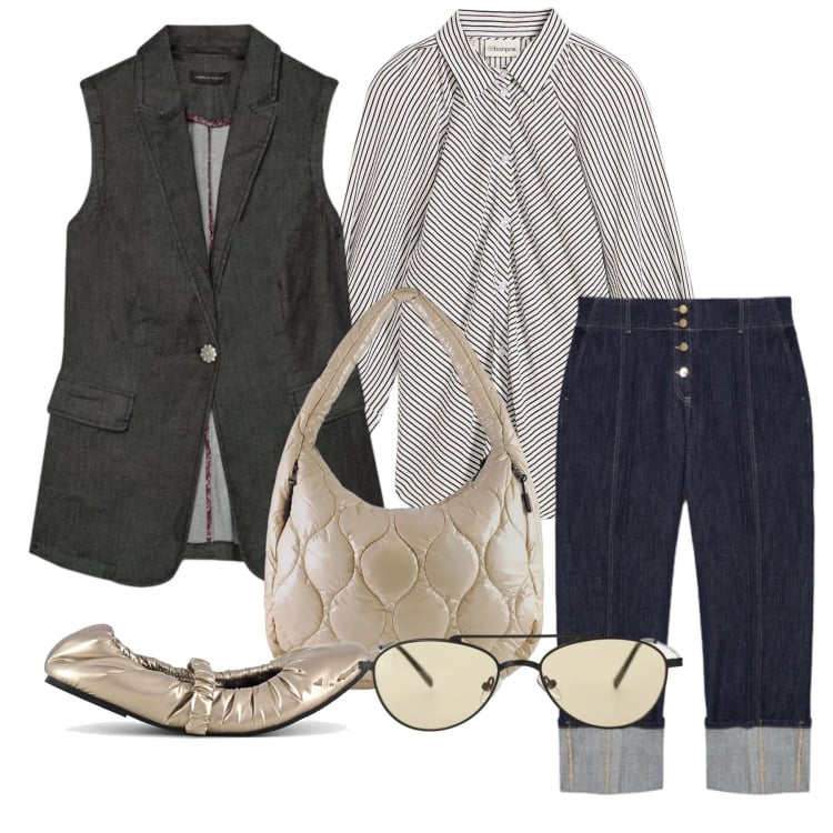 Outfit donna - Marzo. Stile Trendy per Ufficio. Abbinamento con camicie, occhiali da sole, gilet, jeans, borse tote, ballerine.