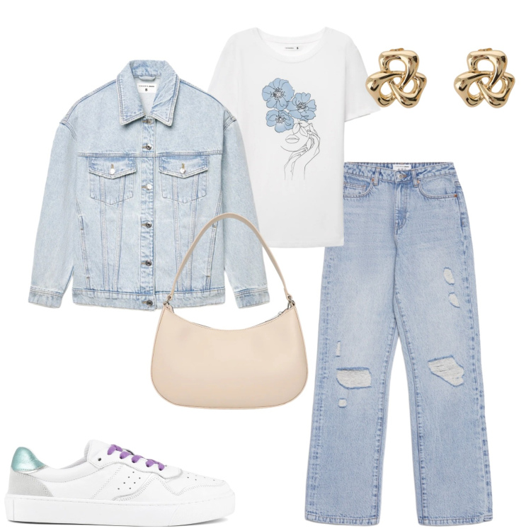 Outfit donna - Terranova spring. Stile Casual per Tutti i giorni. Abbinamento con t-shirt, jeans strappati, borse a tracolla, cappotti, orecchini, sneakers.