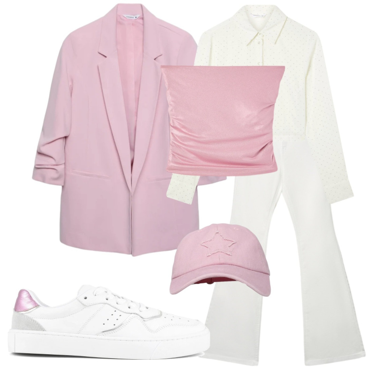 Outfit donna - Trend - tutti i giorni. Stile Urban per Tutti i giorni. Abbinamento con camicie, jeans a zampa, blazer, top, cappelli con visiera, sneakers.