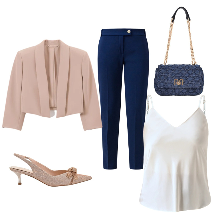 Outfit donna - Elegante e comodo. Stile Casual chic per Ufficio. Abbinamento con décolleté, pantaloni, top, bolero, borse a spalla.