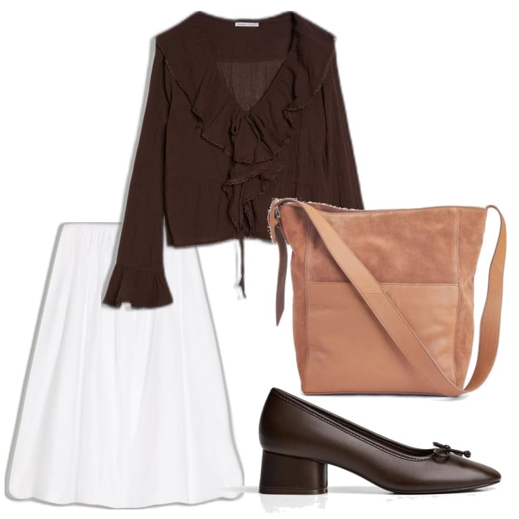 Outfit mujer - Bohemian. Estilo Boho para Todos los días. Combinación con bolso tote, bailarinas, falda longuette, blusas.