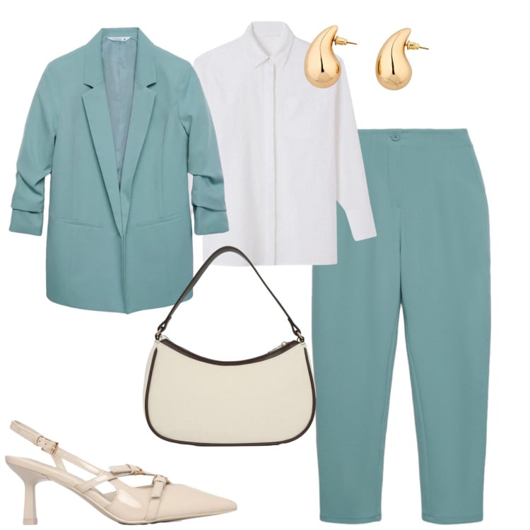 Outfit donna - City. Stile Urban per Tutti i giorni. Abbinamento con orecchini, borse a tracolla, décolleté, blazer, pantaloni chino, camicie.