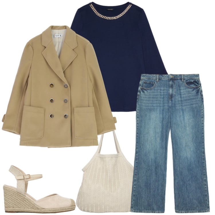 Outfit donna - Urban Safari. Stile Urban per Tutti i giorni. Abbinamento con shopping bag, zeppe, bluse, jeans, blazer.