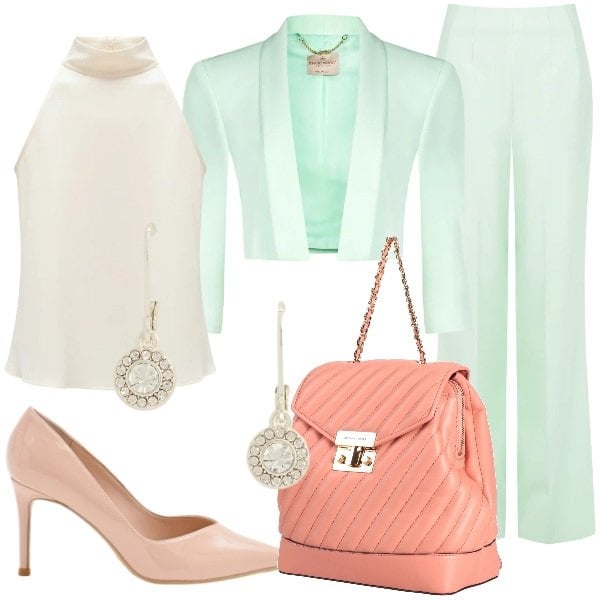 Outfit donna - Un nuovo stile glamour Rinascimento. Stile Glamour per Tutti i giorni. Abbinamento con zaini, décolleté, top, bolero, pantaloni a palazzo, orecchini.