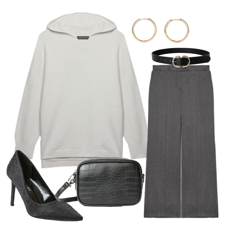Outfit donna - Vanilla Glow. Stile Casual chic per Tutti i giorni. Abbinamento con orecchini, décolleté, cinture, felpe con cappuccio, pantaloni, borse a tracolla.