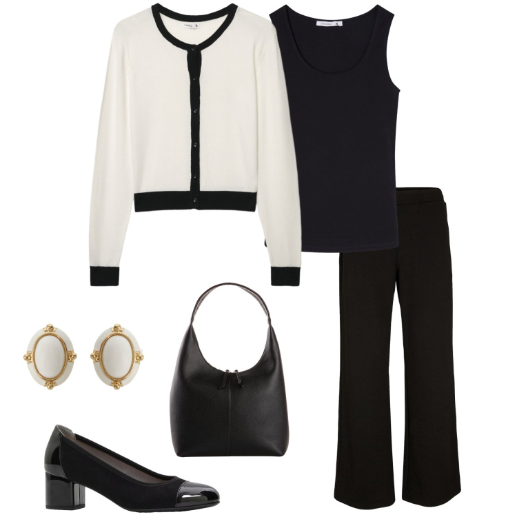 Outfit donna - Essenza Parigina: Black & Cream. Stile Bon Ton per Ufficio. Abbinamento con shopping bag, pantaloni a palazzo, décolleté, top, cardigans, orecchini.