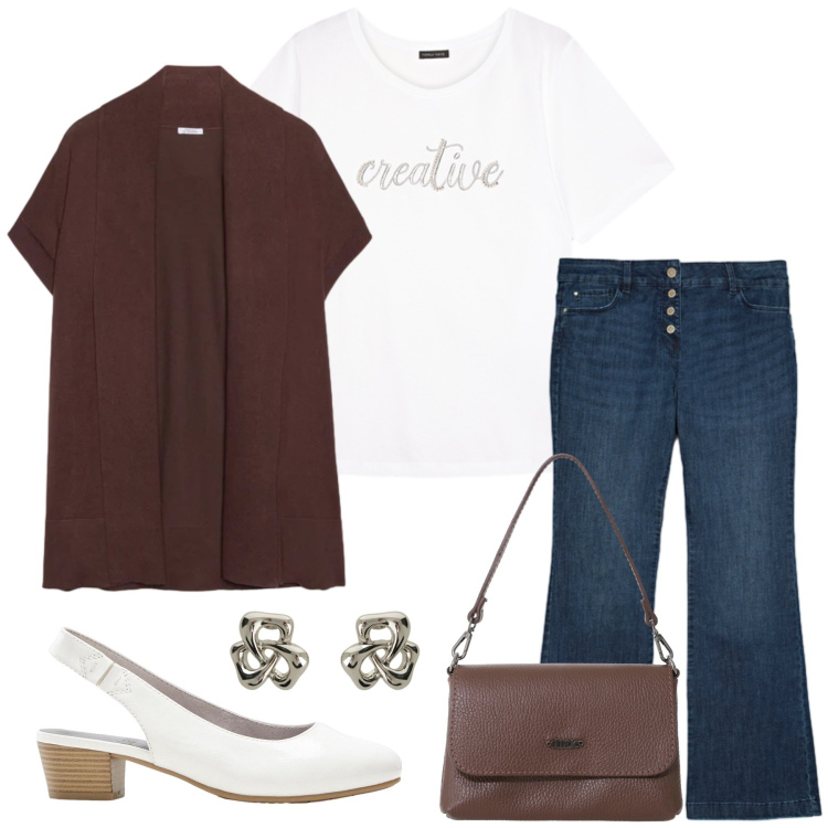 Outfit donna - Creative Earth. Stile Casual chic per Tutti i giorni. Abbinamento con décolleté, cardigans, t-shirt, jeans, orecchini, borse a tracolla.
