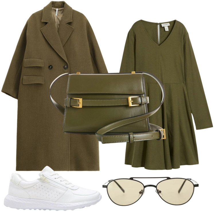 Outfit donna - Le sneakers versatili. Stile Minimal per Ufficio. Abbinamento con sneakers, borse a tracolla, vestiti, occhiali da sole, cappotti.