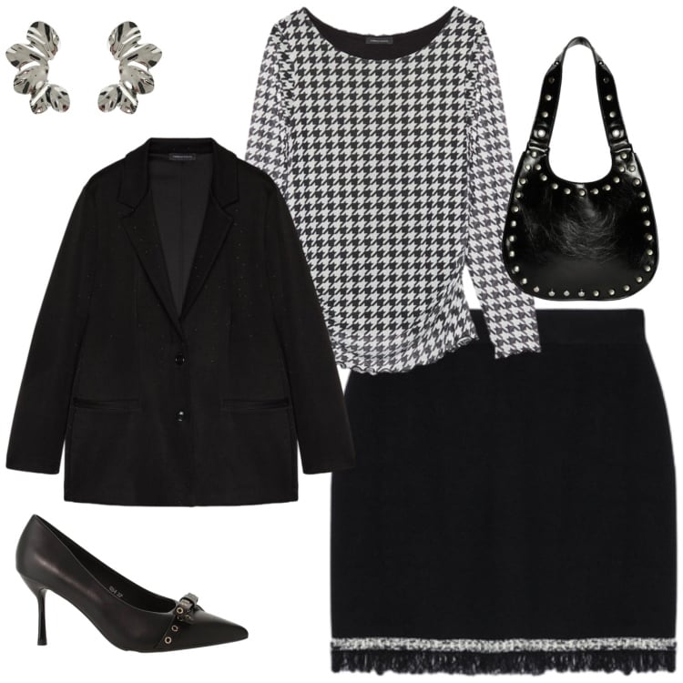 Outfit donna - Eleganza Pied-de-Poule. Stile Casual chic per Tutti i giorni. Abbinamento con décolleté, minigonne, bluse, borse a spalla, blazer, orecchini.