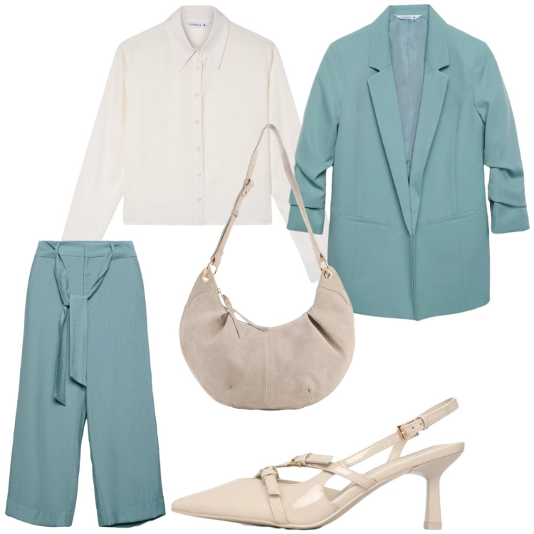 Outfit donna - Slingback da ufficio. Stile Minimal per Ufficio. Abbinamento con borse a tracolla, pantaloni a palazzo, décolleté, camicie, blazer.