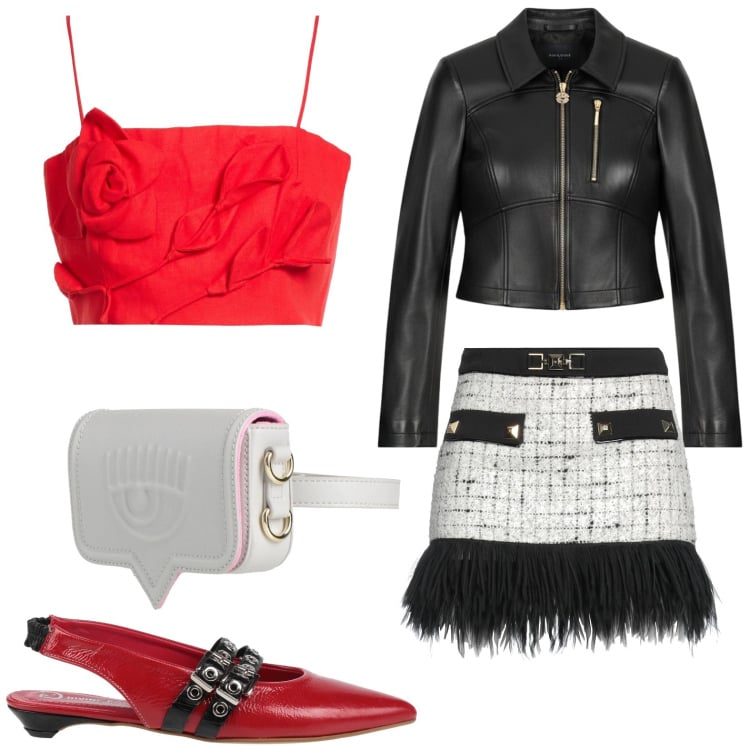 Outfit donna - La ballerina grintosa. Stile Rock per Serata fuori. Abbinamento con marsupi, top, minigonne, ballerine, giacche.