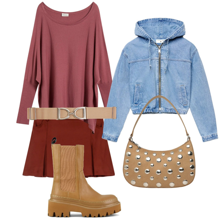 Outfit donna - Prima primavera. Stile Trendy per Tutti i giorni. Abbinamento con maglieria, borse a tracolla, cinture, bomber, minigonne, stivaletti chelsea.