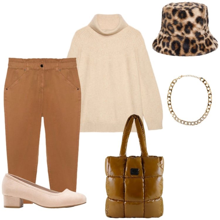 Outfit donna - Calore Avvolgente e Accenti Leopardati. Stile Casual chic per Tutti i giorni. Abbinamento con décolleté, collane, pantaloni, maglieria, cappelli, shopping bag.