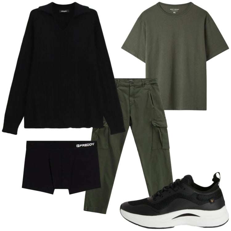 Outfit uomo - Cargo. Stile Urban per Tutti i giorni. Abbinamento con pantaloni cargo, maglieria, t-shirt, sneakers, boxer.