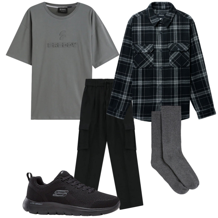 Outfit uomo - Total look #2357854. Stile Urban per Tutti i giorni. Abbinamento con sneakers, pantaloni cargo, cappotti, calzini, t-shirt.