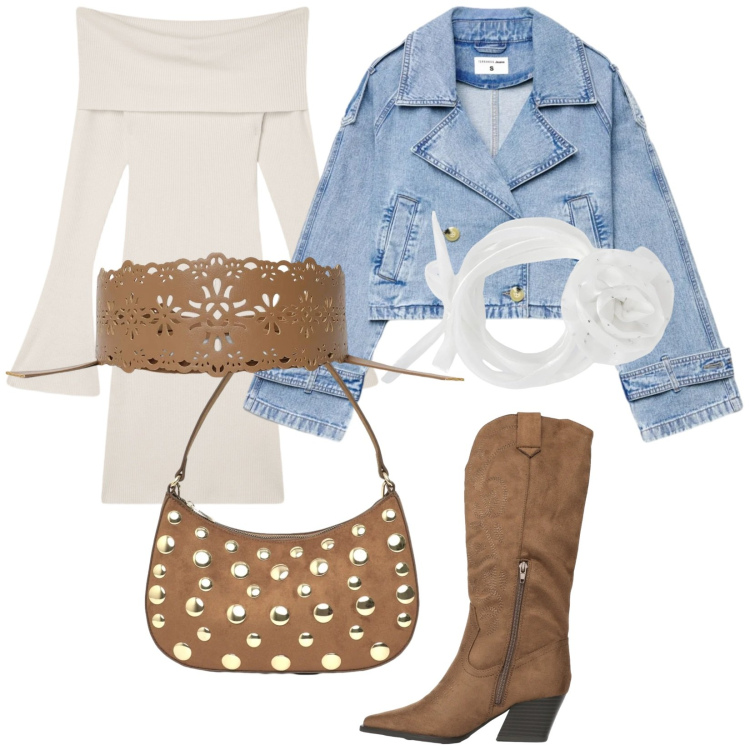 Outfit donna - Serata country. Stile Etnico per Serata fuori. Abbinamento con vestiti corti, cinture, collane, stivali, caban, borse a tracolla.