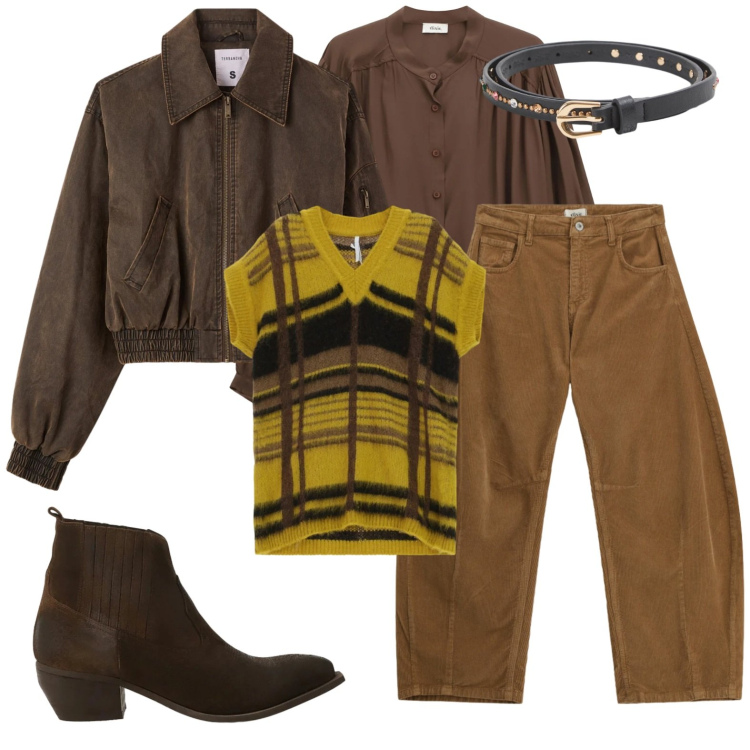 Outfit donna - Brown per tutti i giorni. Stile Trendy per Tutti i giorni. Abbinamento con maglieria, bomber, cinture, camicie, stivaletti, pantaloni a palazzo.