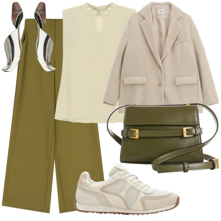 Outfit donna - Mercoledì. per Tutti i giorni. Abbinamento con borse a tracolla, sneakers alte, blazer, top, pantaloni a palazzo, orecchini.