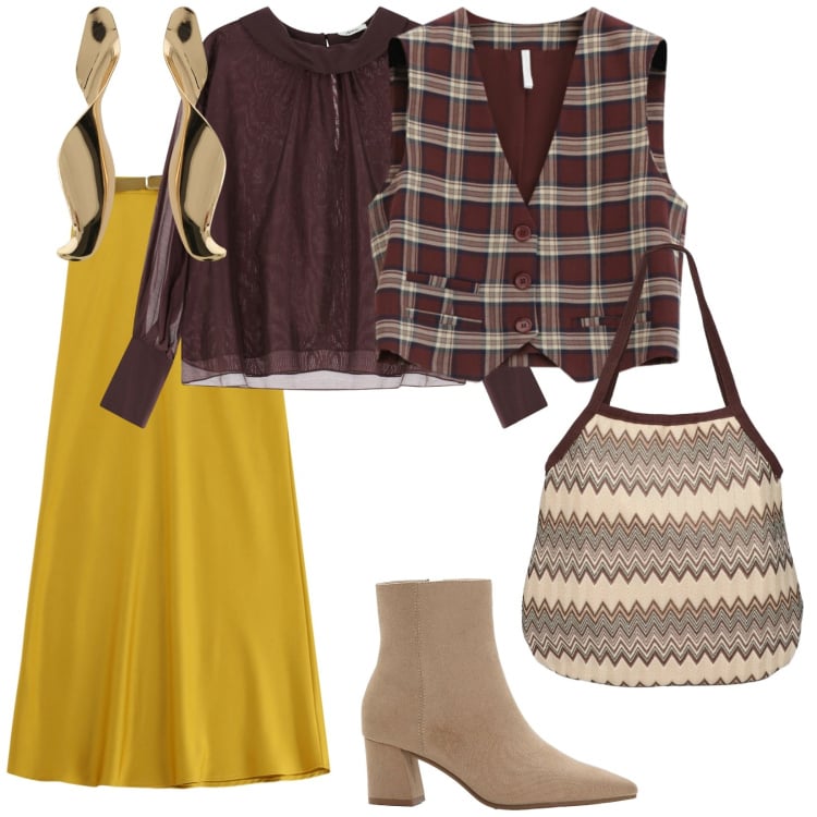 Outfit donna - Senape. per Scuola/Università. Abbinamento con stivaletti, gonne lunghe, gilet, borse tote, camicie, orecchini.