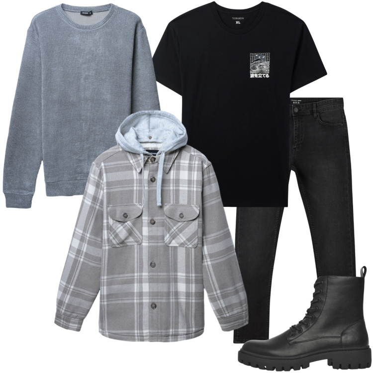 Outfit uomo - Layering di mezza stagione. Stile Casual per Tutti i giorni. Abbinamento con jeans skinny, anfibi, maglieria, cappotti, t-shirt.