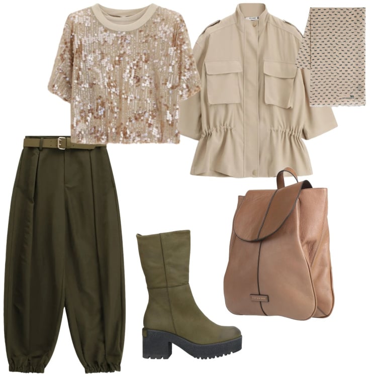 Outfit donna - In ufficio. per Ufficio. Abbinamento con zaini, stivaletti, sciarpe, t-shirt, pantaloni, parka.