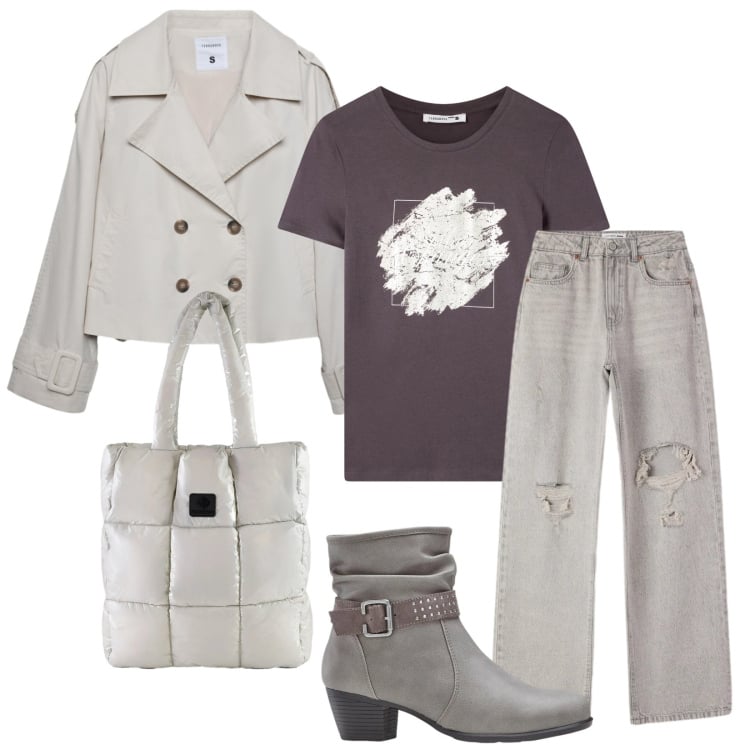 Outfit donna - Insolito. Stile Casual chic per Ufficio. Abbinamento con stivaletti, t-shirt, caban, jeans strappati, shopping bag.