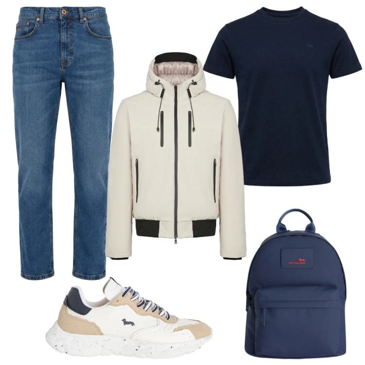 Outfit uomo - Fabio: fuori sede. Stile Urban per Tutti i giorni. Abbinamento con borse sportive, jeans, sneakers, t-shirt, giacche.