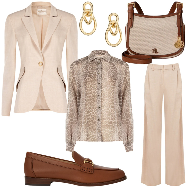 Outfit donna - Rinascimento Un nuovo capitolo di stile. Stile Glamour per Ufficio. Abbinamento con camicie, pantaloni a palazzo, blazer, mocassini, orecchini, borse a tracolla.