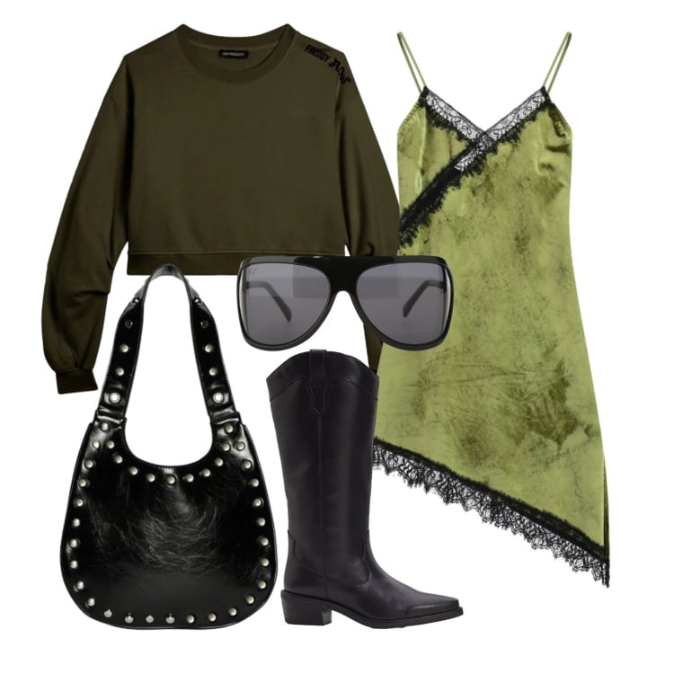 Outfit donna - Marzo. Stile Trendy per Tutti i giorni. Abbinamento con stivali, occhiali da sole, vestiti asimmetrici, borse a spalla, felpe.