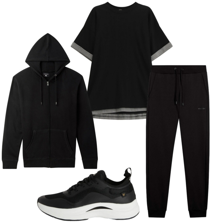 Outfit uomo - Total look #2357893. Stile Urban per Tutti i giorni. Abbinamento con t-shirt, felpe con cappuccio, sneakers, pantaloni.