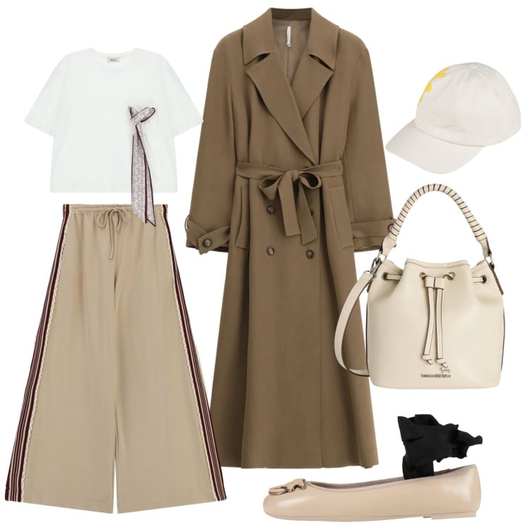 Outfit donna - Un trench a marzo. Stile Casual chic per Tutti i giorni. Abbinamento con cappelli con visiera, ballerine, borse a secchiello, trench, pantaloni a palazzo, t-shirt.
