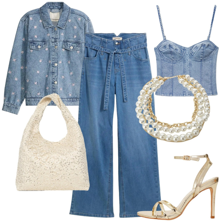 Outfit donna - Denim, but make it 2026. Stile Glamour per Tutti i giorni. Abbinamento con jeans, cappotti, top, borse a spalla, sandali col tacco, collane.