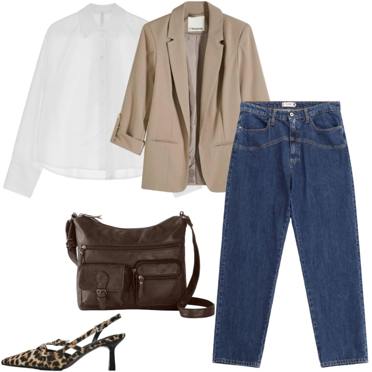 Outfit donna - Total look #2357916. Stile Mannish per Ufficio. Abbinamento con blazer, borse a tracolla, décolleté, camicie, jeans.