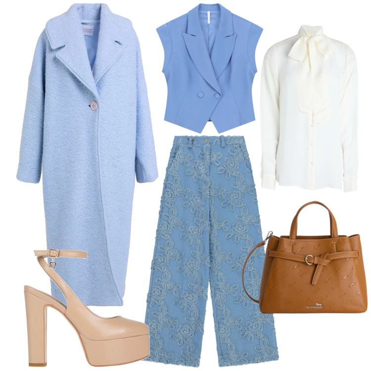 Outfit donna - Fantasie floreali a marzo. Stile Bon Ton per Ufficio. Abbinamento con camicie, cappotti, décolleté, borse a mano, gilet, pantaloni a palazzo.