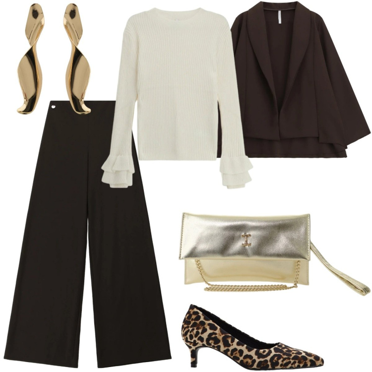 Outfit donna - Da mattina a sera. Stile Mannish per Serata fuori. Abbinamento con décolleté, maglieria, borse a tracolla, pantaloni a palazzo, blazer, orecchini.