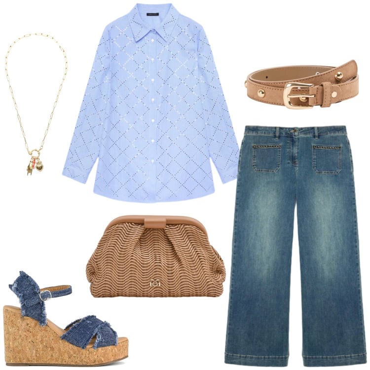 Outfit donna - Texture Naturali e Geometrie Preziose. Stile Casual chic per Tutti i giorni. Abbinamento con cinture, jeans, camicie, ciondoli, pochette, zeppe.