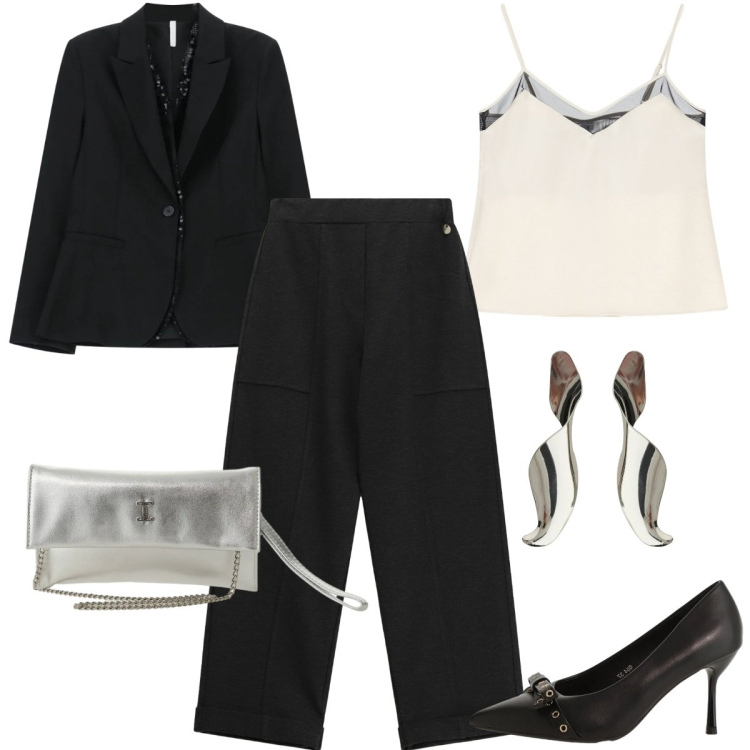Outfit donna - Total look #2357929. Stile Mannish per Serata fuori. Abbinamento con décolleté, top, pantaloni, blazer, borse a tracolla, orecchini.
