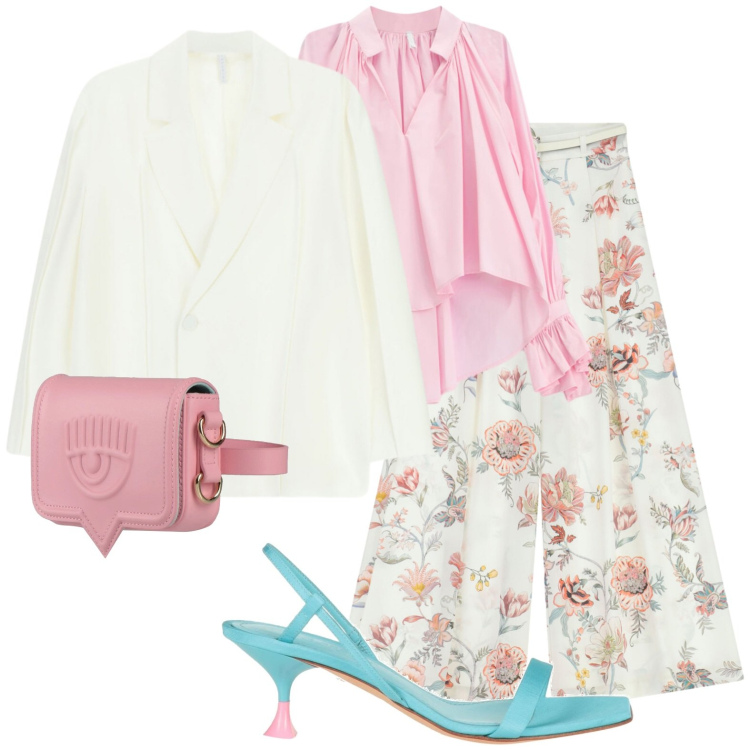 Outfit donna - Aria di primavera. Stile Glamour per Tutti i giorni. Abbinamento con marsupi, sandali in pelle, pantaloni a palazzo, blazer, camicie.