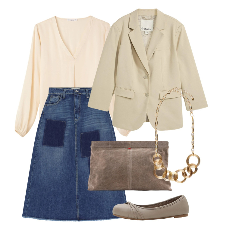 Outfit donna - Denim, but Make It 2026. Stile Bon Ton per Tutti i giorni. Abbinamento con ballerine, blazer, bluse, collane, gonne lunghe, pochette.