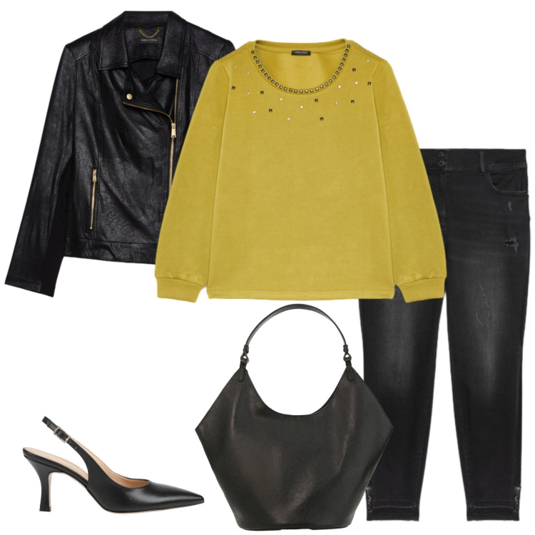 Outfit donna - Contrasti Audaci e Accenti Citrini. Stile Casual chic per Tutti i giorni. Abbinamento con décolleté, blazer, jeans strappati, felpe, borse a spalla.