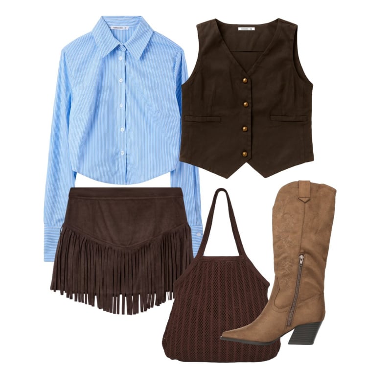 Outfit donna - Terranova - Desert Code. Stile Urban per Tutti i giorni. Abbinamento con camicie, shopping bag, minigonne, stivali, gilet.