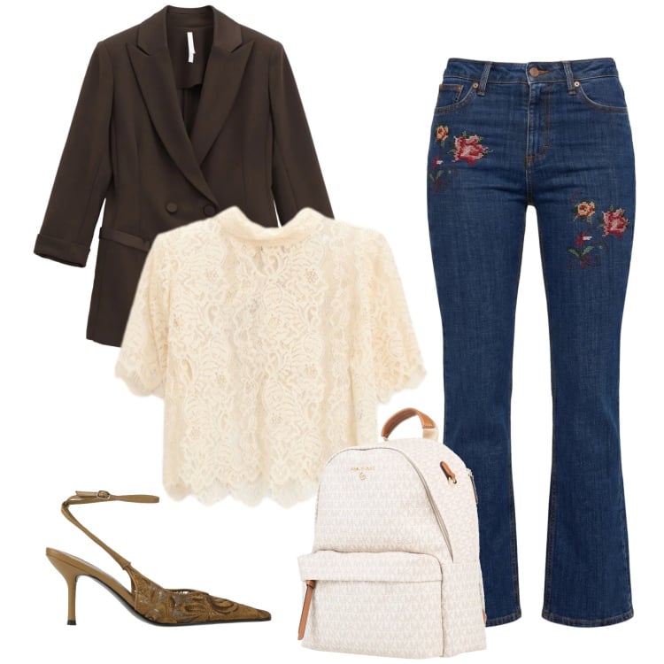 Outfit donna - Romantic Garden. Stile Casual chic per Tutti i giorni. Abbinamento con décolleté, zaini, jeans, blazer, top.