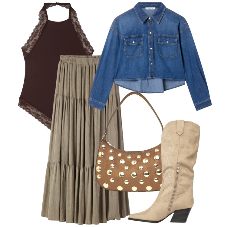 Outfit donna - Terranova - Desert Code. Stile Romantica per Tutti i giorni. Abbinamento con top, camicie, gonne lunghe, stivali, borse a tracolla.