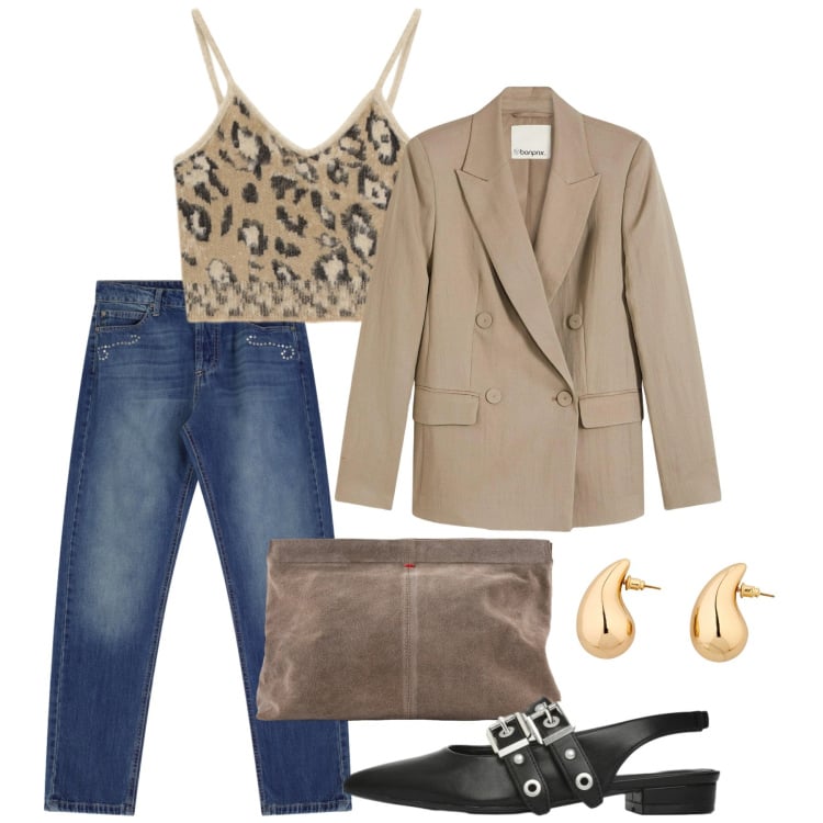 Outfit donna - Primavera in blazer. Stile Casual chic per Tutti i giorni. Abbinamento con orecchini, blazer, top, ballerine, jeans dritti, pochette.