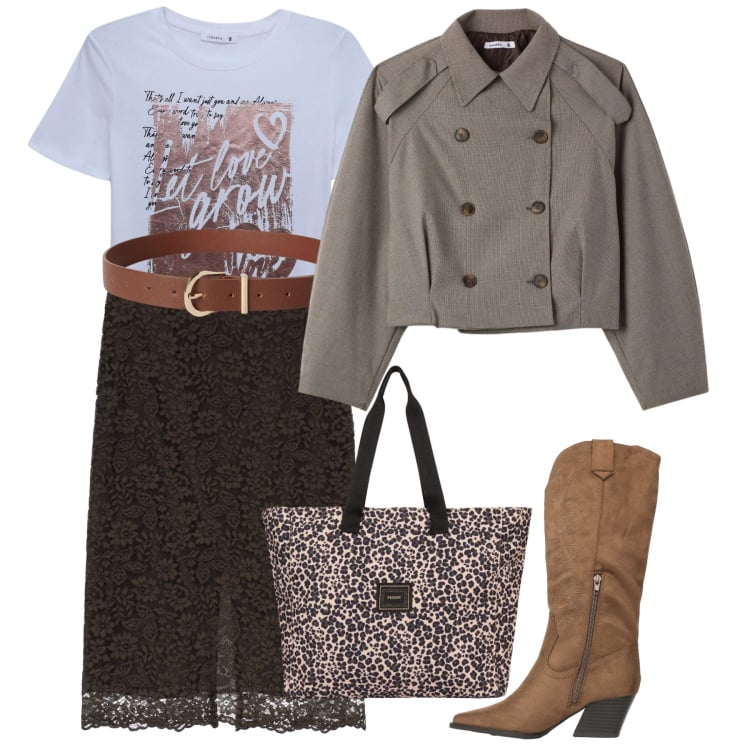 Outfit donna - Mix sorprendente. Stile Chic per Tutti i giorni. Abbinamento con t-shirt, cinture, stivali, caban, gonne lunghe, shopping bag.