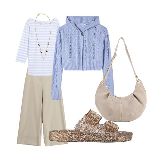 Outfit donna - viola e beige. Stile Basic per Tutti i giorni. Abbinamento con maglieria, borse a tracolla, cardigans, pantaloni a palazzo, collane, sandali.
