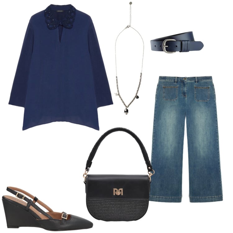 Outfit donna - Navy Grace. Stile Casual chic per Tutti i giorni. Abbinamento con décolleté, cinture, t-shirt, jeans, ciondoli, borse a spalla.