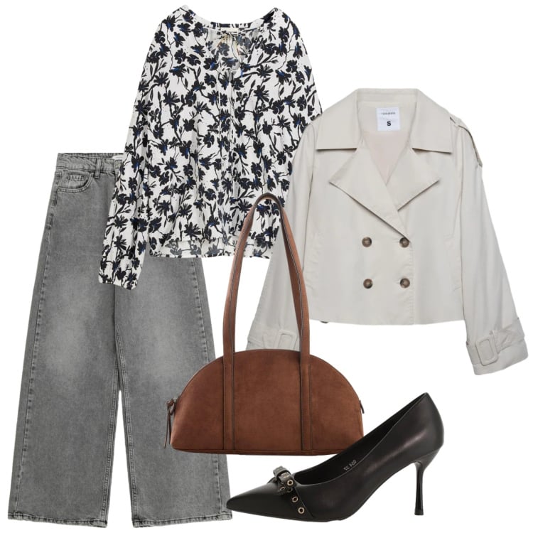 Outfit donna - Primavera. Stile Casual chic per Tutti i giorni. Abbinamento con borse a tracolla, bluse, caban, décolleté, jeans.