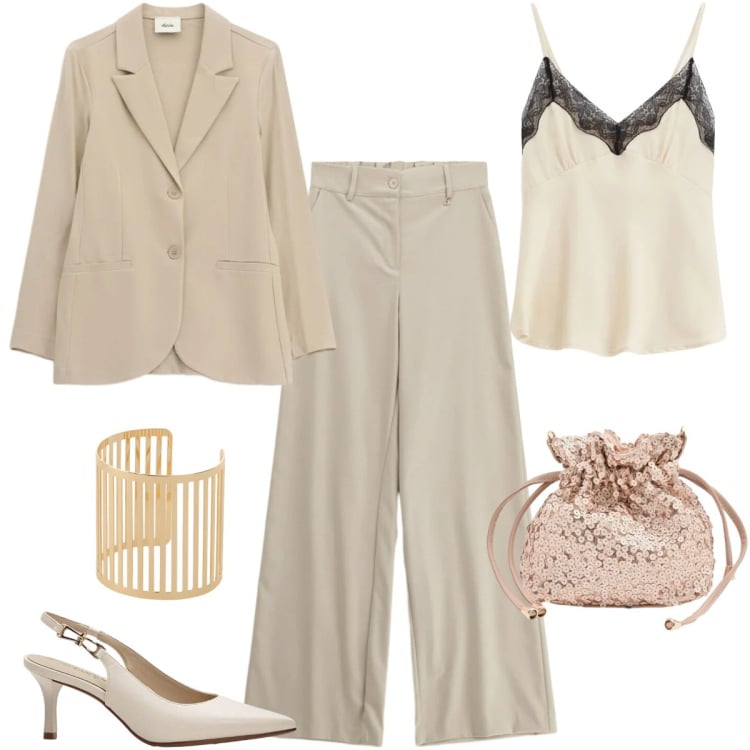 Outfit donna - Total look #2357970. Stile Chic per Cerimonia. Abbinamento con décolleté, blazer, pantaloni a palazzo, top, braccialetti, pochette.